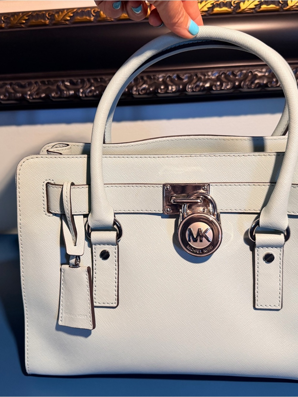 Michael Kors Light Blue Saffiano Leather Satchel with MK Lock